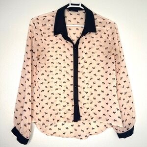 POETRY Women's Sheer Button Up Shirt Black Collar Scottish‎ Terrier Dog Print